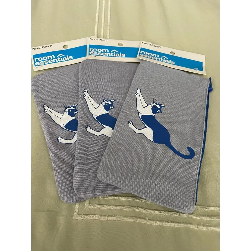 Room Essentials Blue Kitty Cat Canvas Pencil Bag Set - Set of 3